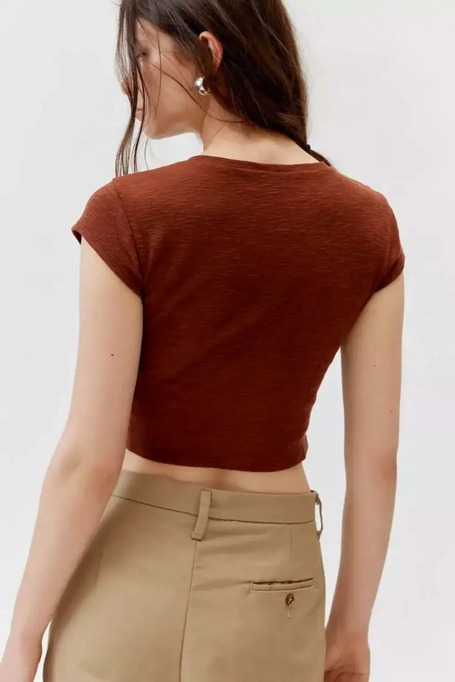 Zara Women's Rust Brown Short Sleeve Cropped Baby Tee